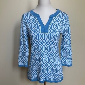 J. McLaughlin Blue and White Geometric Tunic